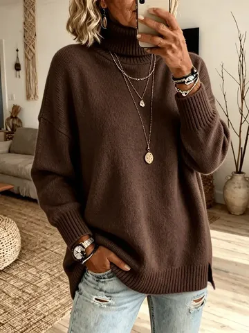 Women's Casual Solid Color Turtleneck Long Sleeve Loose Knit Sweater Elegant Pullover Fall Winter Knitwear