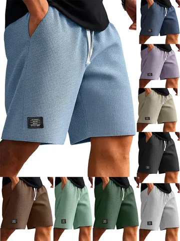 Men Casual Waffle Beach Shorts Summer Sport Loose Straight Drawstring Breathable Comfortable Daily Short Pants