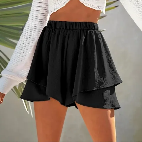 Gonna Pantaloncino Casual da Donna Vita Alta Tinta Unita Volant Stratificati Moda Estiva Quotidiana Traspirante