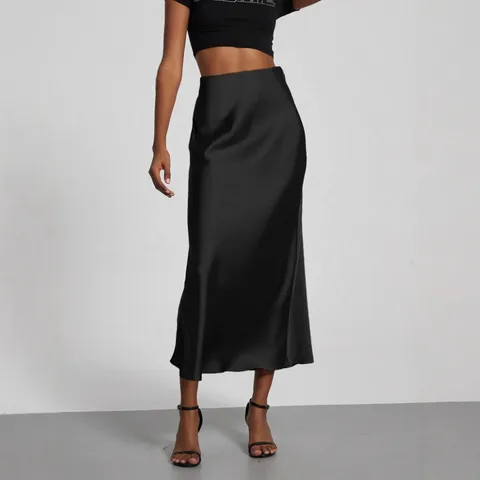 Women's Fashion Satin High Waist Midi Long Skirt Elegant Solid Color Casual Skirts