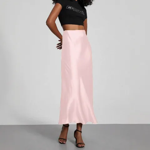 Women's Fashion Satin High Waist Midi Long Skirt Elegant Solid Color Casual Skirts