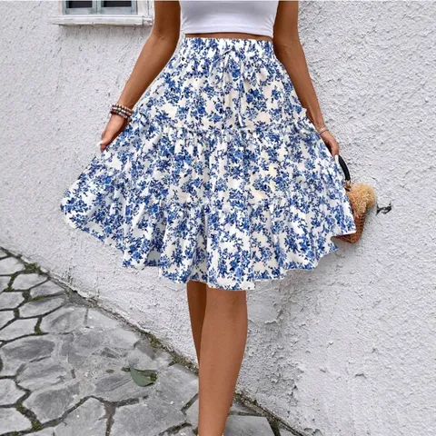 Dames Zomer Bloemenprint Gelaagde Midi Rok Hoge Taille Trekkoord Casual Lange Rok