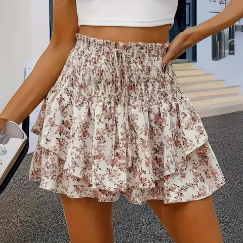 Women's Summer Casual High Waist Ruffle Printed Wide Leg Shorts Elastic Waist Sweet Daily Beach Skort