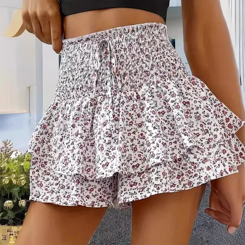 Women's Summer Casual High Waist Ruffle Printed Wide Leg Shorts Elastic Waist Sweet Daily Beach Skort