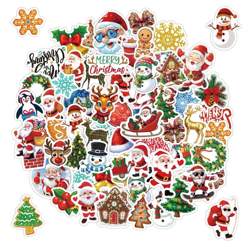 Cartoon Cute Christmas Stickers Pack Waterproof Vinyl Self-Adhesive Decals For Laptop Notebook Luggage Bottle Decor Santa Claus Holiday Theme Printed Stickers