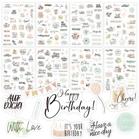 Cartoon Happy Birthday Stickers German English Decorative Labels For Scrapbooking Journal DIY Greeting Card Gift Wrap Office Supplies
