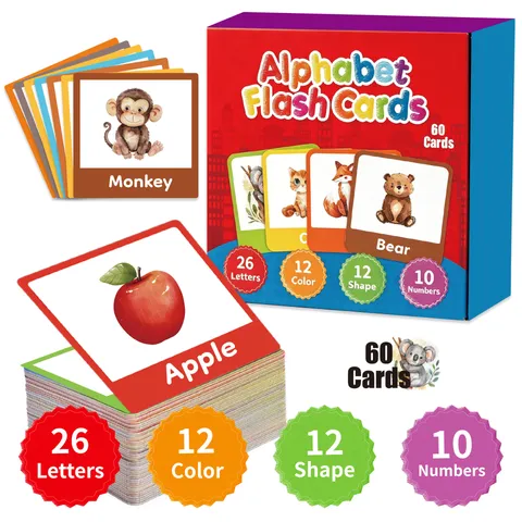 Educational Alphabet Flash Cards For Kids Watercolor Cartoon Animal Letters Numbers Shapes Colors Learning Study Flashcards