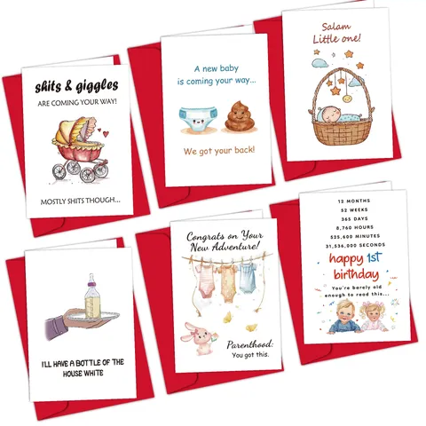 Funny Baby Greeting Cards With Envelopes Newborn Baby Shower Birthday Card Collection Watercolor Illustration Stroller Diaper Card
