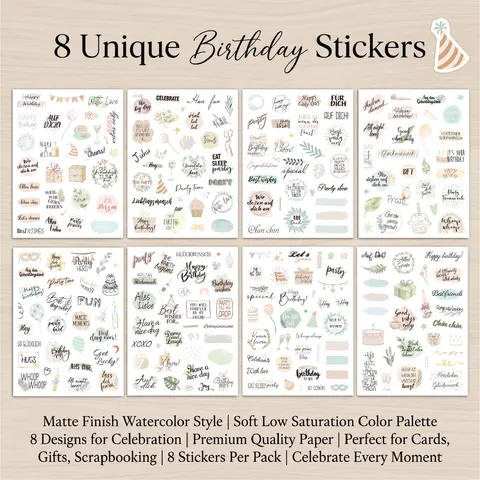 Cartoon Happy Birthday Stickers German English Decorative Labels For Scrapbooking Journal DIY Greeting Card Gift Wrap Office Supplies