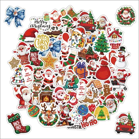 Cartoon Cute Christmas Stickers Pack Waterproof Vinyl Self-Adhesive Decals For Laptop Notebook Luggage Bottle Decor Santa Claus Holiday Theme Printed Stickers