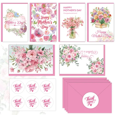Watercolor Floral Mother's Day Greeting Cards DIY Blank Inside Card Set With Envelopes And Heart Stickers Gift For Mom
