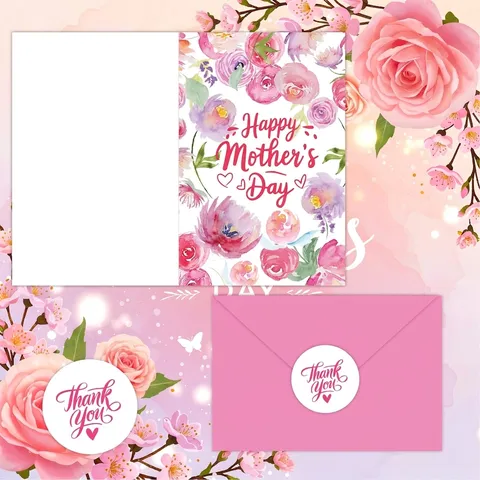Watercolor Floral Mother's Day Greeting Cards DIY Blank Inside Card Set With Envelopes And Heart Stickers Gift For Mom