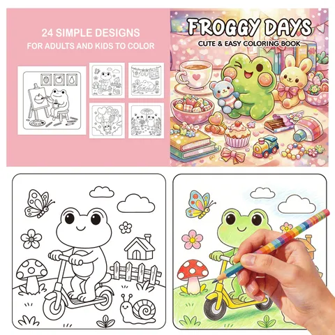 Froggy Days Cute Coloring Book For Kids 24 Pages Cartoon Frog Pattern Drawing Pad For Children Birthday Gift Printed Paper Book