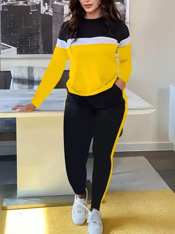 Women Casual Long Sleeve Top And Long Pants Set Striped Patchwork Printed Crew Neck Pullover Outfit