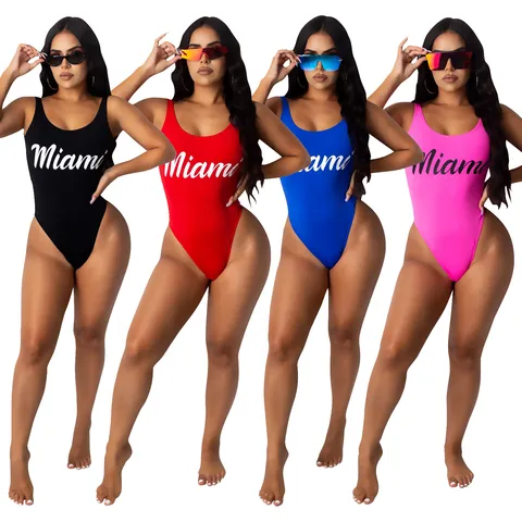 Damen Sexy Einfarbig Buchstaben Print Rückenfrei Badeanzug Mode Sommer Strandurlaub Schwimmanzug