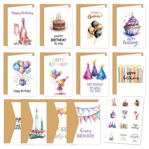 Watercolor Happy Birthday Cards Set With Kraft Envelopes And Stickers Cartoon Cake Balloon Hand-Drawn Blank Greeting Cards For Celebration Party Invitations