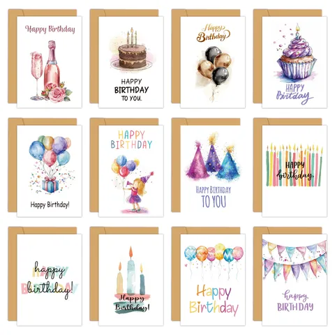Watercolor Happy Birthday Cards Set With Kraft Envelopes And Stickers Cartoon Cake Balloon Hand-Drawn Blank Greeting Cards For Celebration Party Invitations