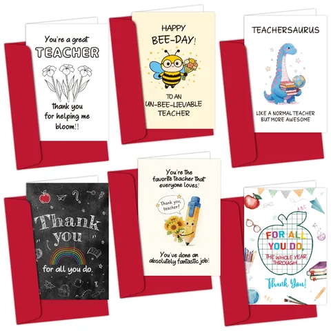Teachers Day Greeting Cards With Red Envelopes Teacher Appreciation Thank You Cards Floral Bee Dinosaur Designs Cardboard