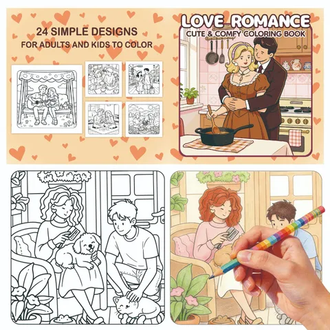 Love Romance Coloring Book For Adults Teens Original Cartoon Illustrations Stress Relief Couple Line Art Painting Paper Gift