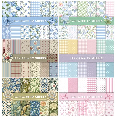 Vintage Floral Scrapbook Paper Pad For DIY Journaling Album Background Craft Paper Pastoral Botanical Gingham Pattern Scrapbooking Card Making Decorative Material Paper Pack