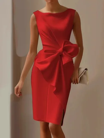Robe Courte Mini Satin Sexy Élégante pour Femmes Sans Manches Col Rond Nœud 3D Coupe Slim Soirée Clubwear Couleur Unie