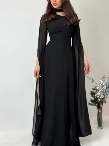 Women Casual Elegant Long Sleeve Chiffon Spliced Slim Maxi Dress Solid Color Formal Evening Party Dress