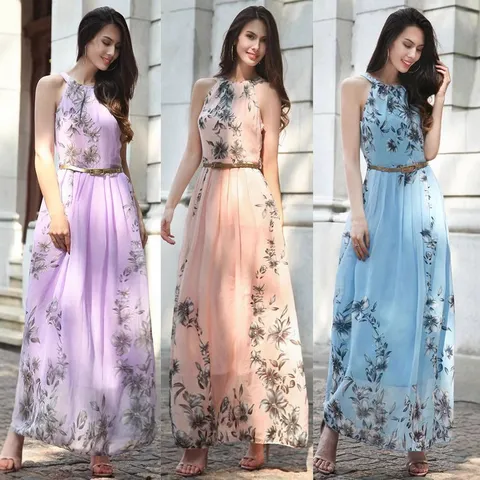 Γυναικείο Boho Floriko Chiffon Maxi Forema Amaniko Halter Laimokopsi Kalokairino