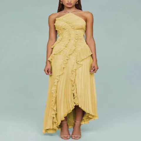 Women Summer Halter Pleated Ruffle Chiffon Long Dress Elegant Sleeveless High Waist Party Vacation Maxi Dress