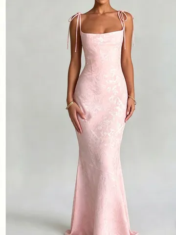 Femme Élégant Satin Jacquard Robe Nuisette Sirène Vintage Col Carré Taille Haute Longue Robe De Soirée De Fête