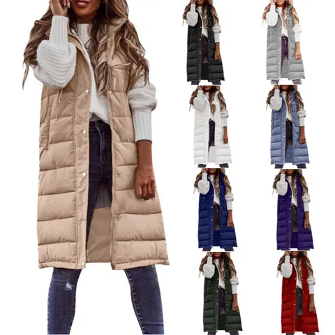 Women's Casual Solid Color Hooded Slim Fit Long Padded Vest Winter Warm Zipper Quilted Sleeveless Outerwear Cotton Coat