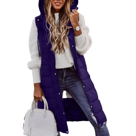 Women's Casual Solid Color Hooded Slim Fit Long Padded Vest Winter Warm Zipper Quilted Sleeveless Outerwear Cotton Coat