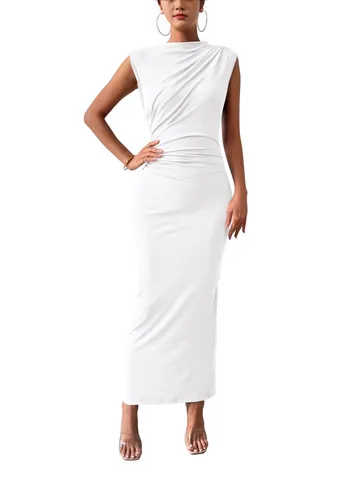 Women's Elegant Sleeveless Pleated Bodycon Maxi Dress Solid Color Slim Fit Long Dress For Casual Daily Banquet Party