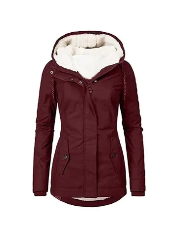 Women's Winter Hooded Mid Length Padded Jacket Thick Fleece Lined Casual Warm Zip Up Cotton Coat With Pockets
