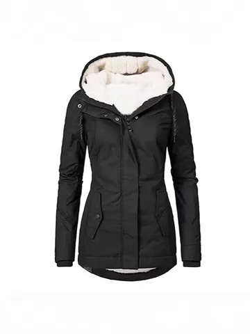 Women's Winter Hooded Mid Length Padded Jacket Thick Fleece Lined Casual Warm Zip Up Cotton Coat With Pockets