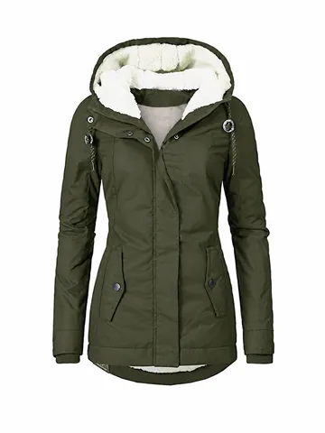 Thickened Warm Winter Women Cotton Coat Fleece Lined Parka Hooded Slim Fit Mid-Length Casual Outerwear Jacket