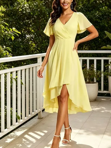 Women V-Neck Short Flutter Sleeve Irregular Hem Midi Evening Dress Elegant Solid Color Polyester Party Dress