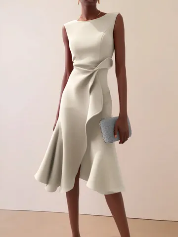 Vestido Midi Elegante de Corte Ajustado con Cuello Redondo y Sin Mangas de Color Sólido para Mujer, Casual para Banquetes y Fiestas Formales