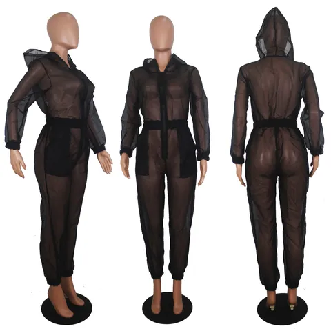 Women Sexy Transparent Mesh Hooded Jumpsuit Long Sleeve Slim Fit Zipper One Piece Romper Club Party Wear
