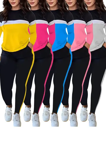 Women Casual Long Sleeve Top And Long Pants Set Striped Patchwork Printed Crew Neck Pullover Outfit
