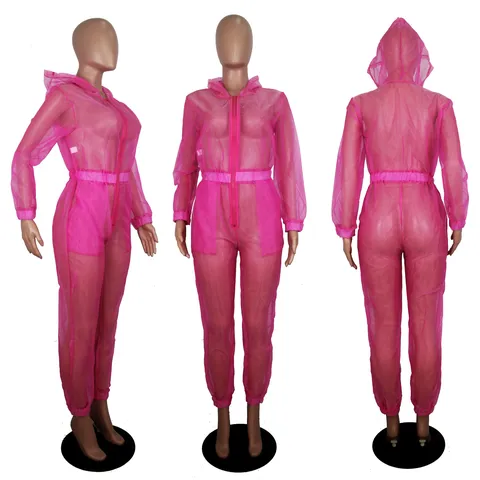 Women Sexy Transparent Mesh Hooded Jumpsuit Long Sleeve Slim Fit Zipper One Piece Romper Club Party Wear