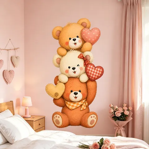 Cartoon Teddy Bear Wall Sticker Heart Pattern Valentine Day Decor PVC Self-adhesive Decal For Kids Room Nursery Home Decor