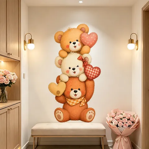 Cartoon Teddy Bear Wall Sticker Heart Pattern Valentine Day Decor PVC Self-adhesive Decal For Kids Room Nursery Home Decor