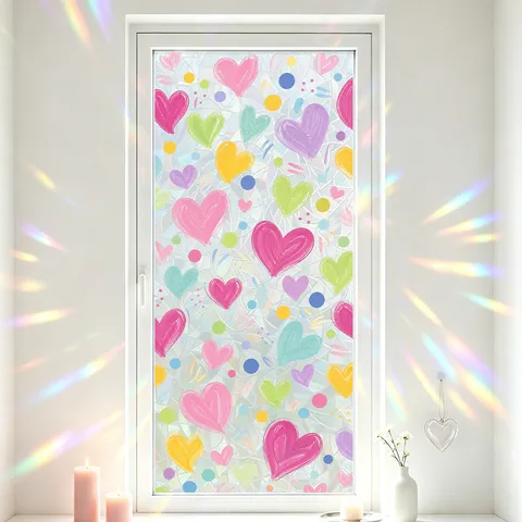 Rainbow Prism Heart Window Film Static Cling Frosted Translucent Glass Decoration Wall Sticker For Valentine Day Dining Room Party Home Decor