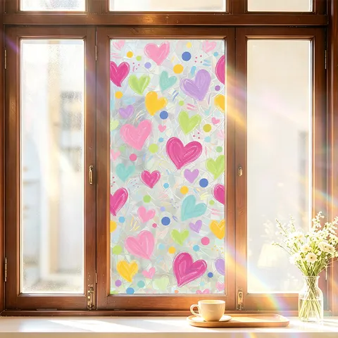 Rainbow Prism Heart Window Film Static Cling Frosted Translucent Glass Decoration Wall Sticker For Valentine Day Dining Room Party Home Decor