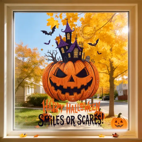 Halloween Pumpkin Ghost Face Castle Static Cling Window Sticker Double Sided Color PVC Window Film Festive Shop Home Decor Decal