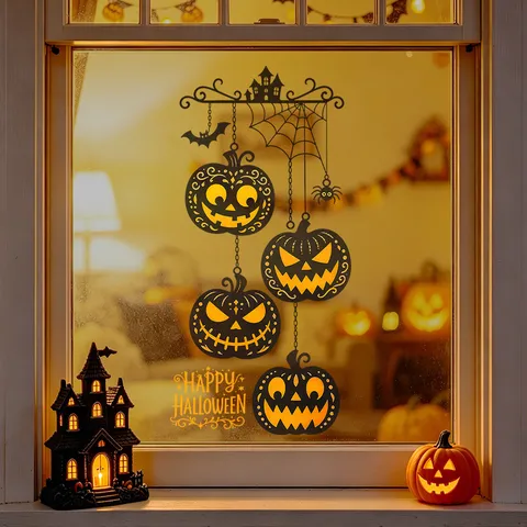 Halloween Black Pumpkin Head Spider Web Window Stickers PVC Static Cling Glass Door Decoration For Holiday Party Shop Home