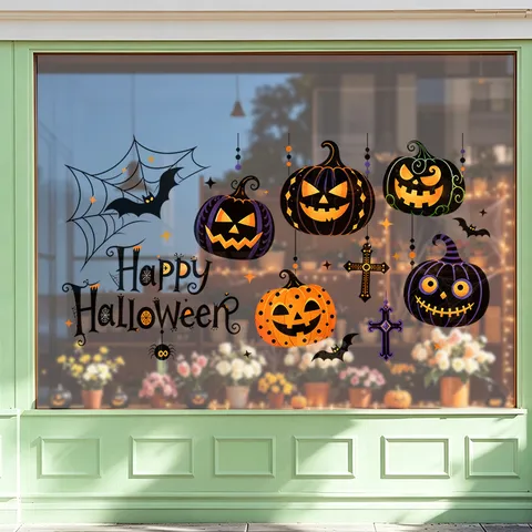 Halloween Raamstickers Pompoenhoofd Vleermuizen Kruis Stickers Dubbelzijdige Statisch Hechtende PVC Raamstickers Voor Winkel