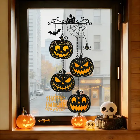 Halloween Black Pumpkin Head Spider Web Window Stickers PVC Static Cling Glass Door Decoration For Holiday Party Shop Home