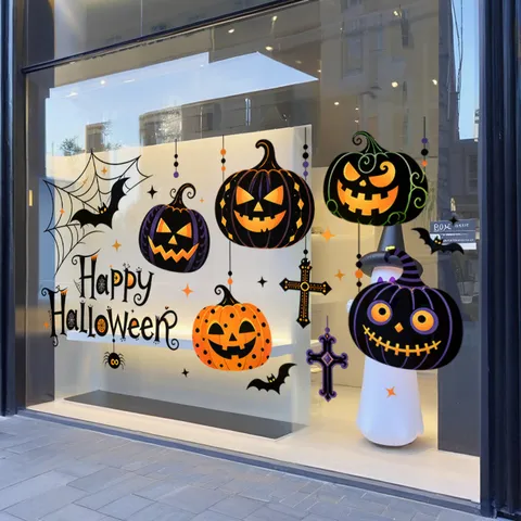 Halloween Raamstickers Pompoenhoofd Vleermuizen Kruis Stickers Dubbelzijdige Statisch Hechtende PVC Raamstickers Voor Winkel