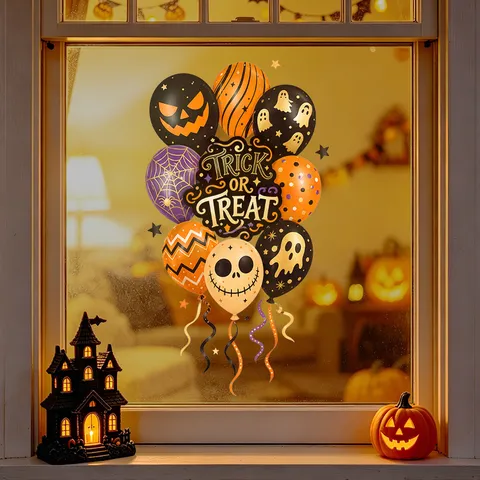 Adesivi Statici per Finestre di Halloween Palloncino Zucca Fantasma Ragnatela Decorazione Decalcomanie in PVC Rimovibili per Porte in Vetro